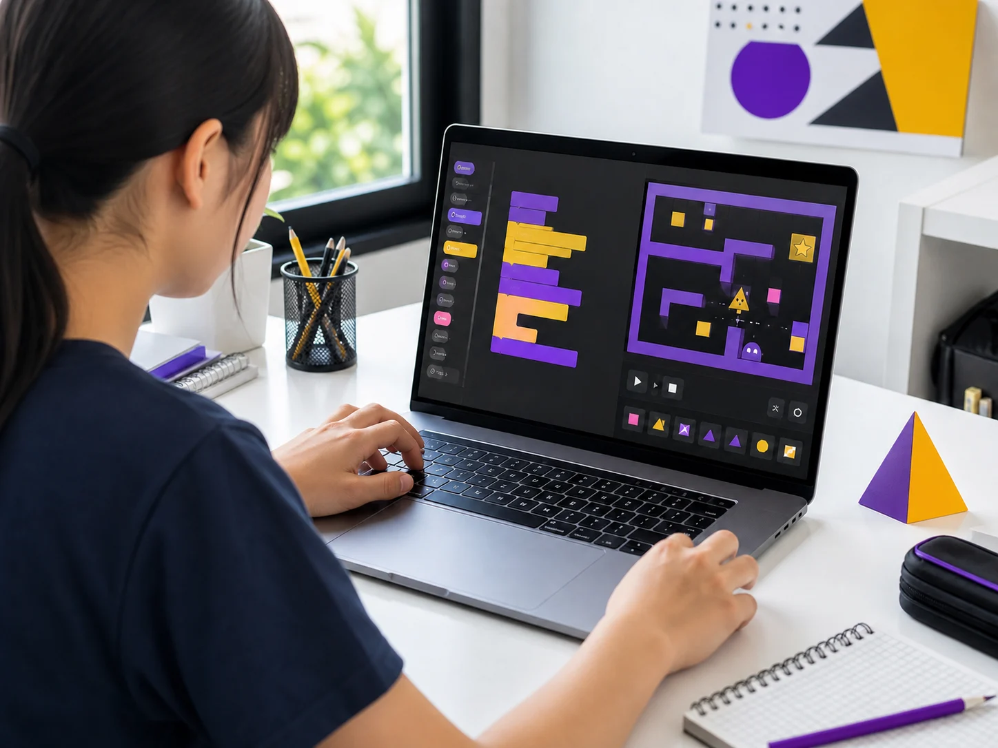 半袖の女子中高生が自宅のパソコンでScratchのゲーム制作に取り組む様子