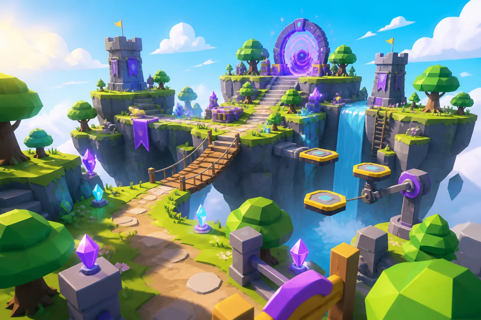 橋や足場を進み光るゴールを目指すオリジナルの3Dゲームワールド
